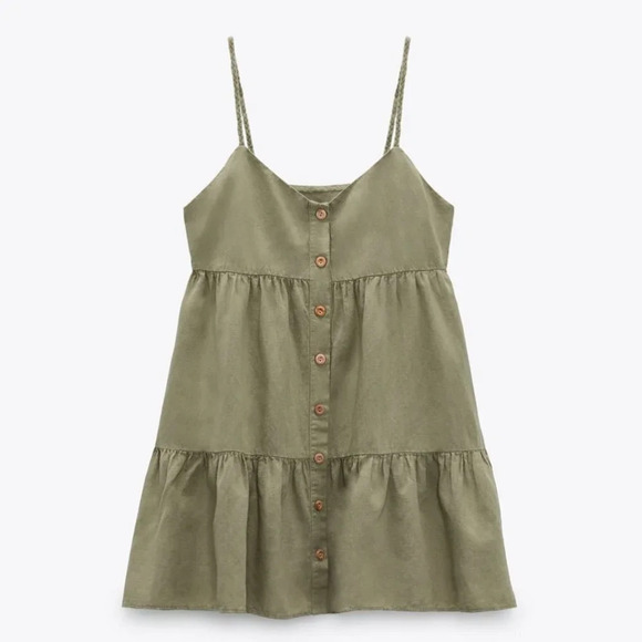 Zara Linen  Blend Woven Strap Mini Tiered Summer Dress Green NWT Size Large - Picture 1 of 7